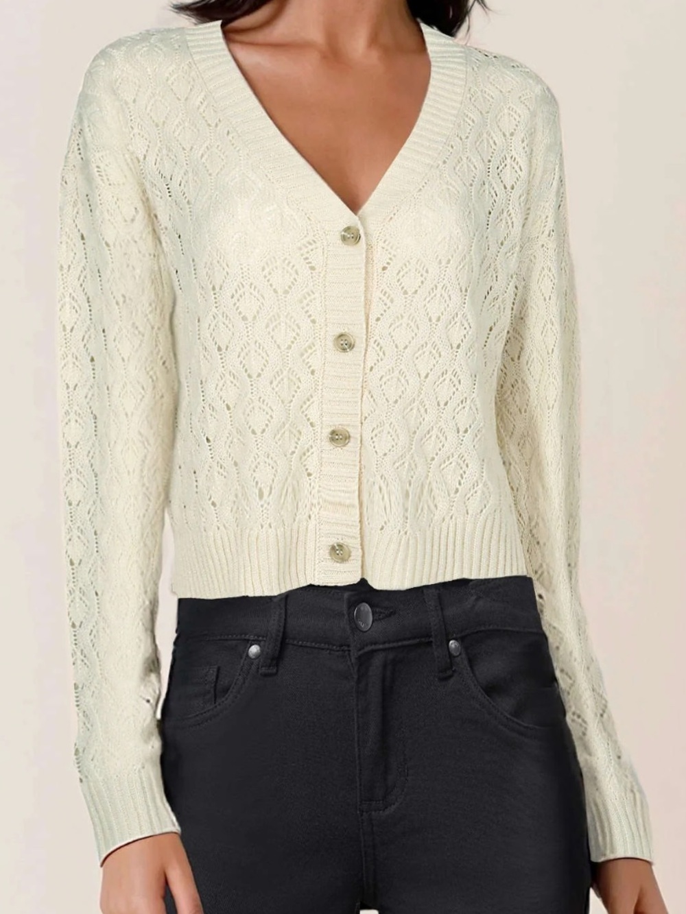 VENUS Cream Pointelle V-Neck Button Cardigan Small